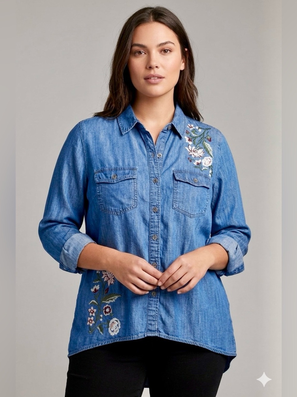 Style & Co Chambray Lyocell Button Front Shirt Plus Size PM Blue Top